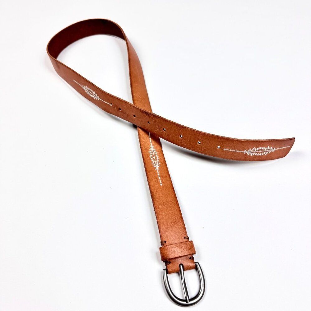 Vintage Boho Tan Leather Belt White Arrow Embroidery L